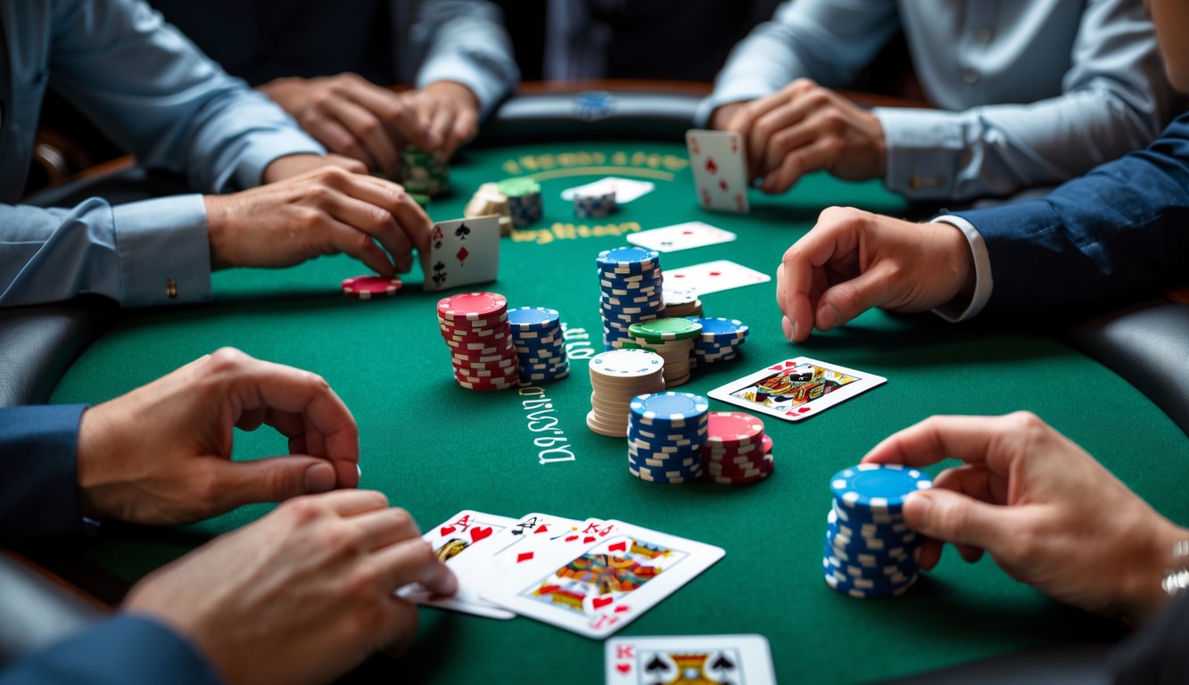 Meja poker dengan kartu dan tumpukan chip, beberapa tangan pemain terlihat sedang bermain.