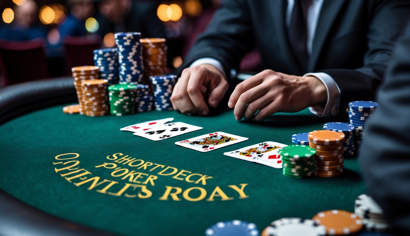 Meja poker dengan kartu dan chip, tangan pemain memegang kartu dalam suasana kasino yang tenang.