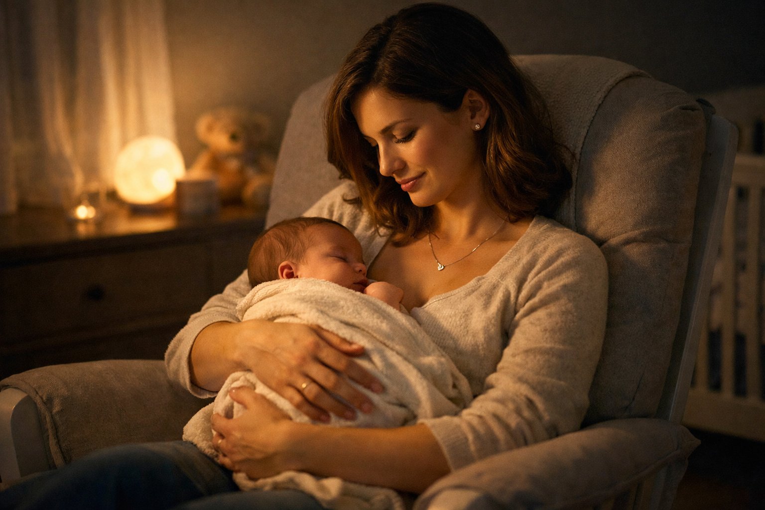 A mother gently rocking her baby alone in a softly lit nursery at night, wearing a delicate necklace.