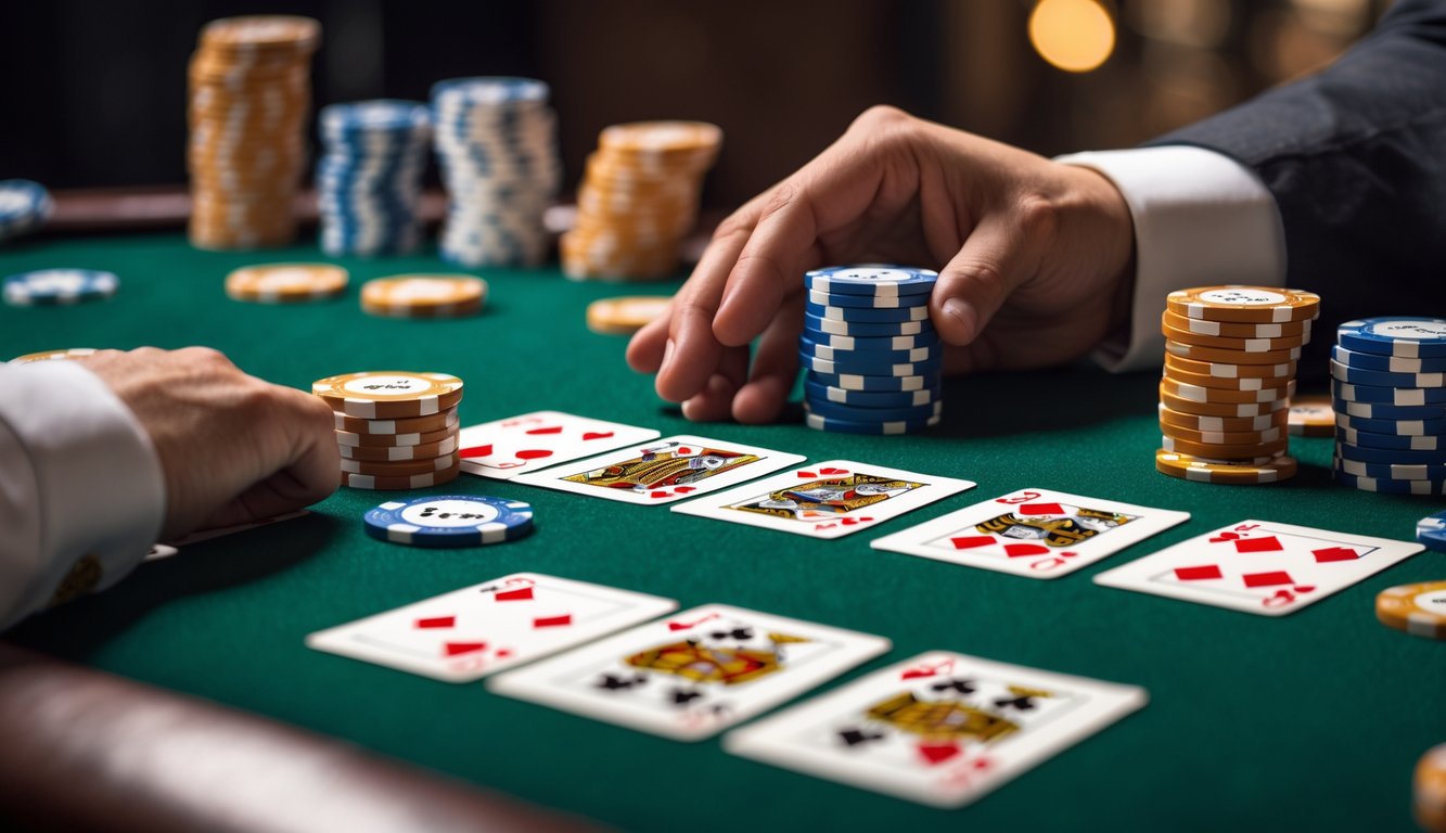 Tampilan dekat meja poker dengan kartu Short Deck tersusun rapi dan tumpukan chip poker.