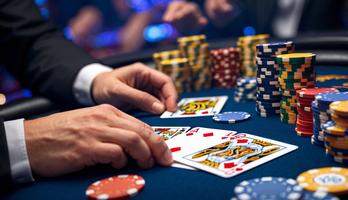 Meja poker dengan kartu dan tumpukan chip yang sedang dimainkan dalam permainan short deck.