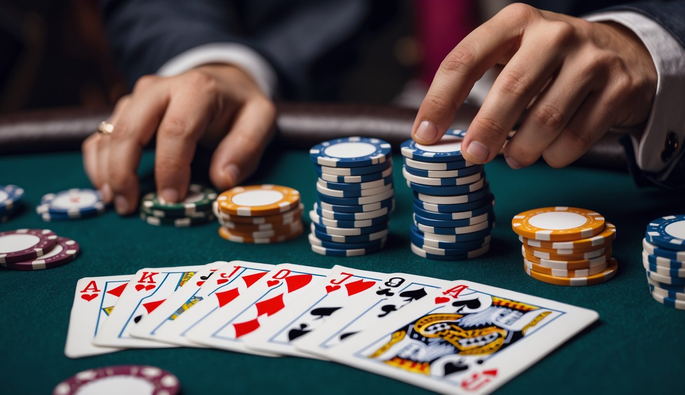 Meja poker dengan kartu Short Deck dan tumpukan chip, seorang pemain sedang meletakkan taruhan.