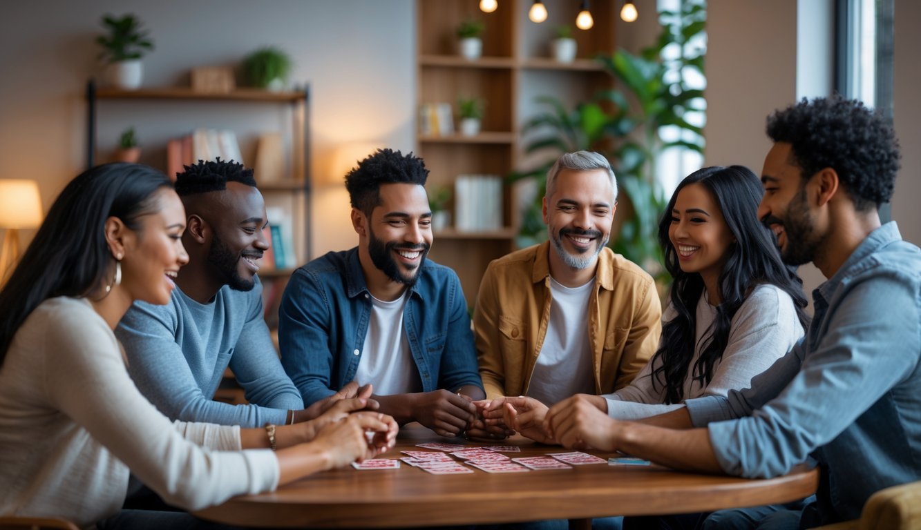 Sekelompok 2 hingga 5 orang sedang bermain permainan tanpa kartu di dalam ruangan yang nyaman.