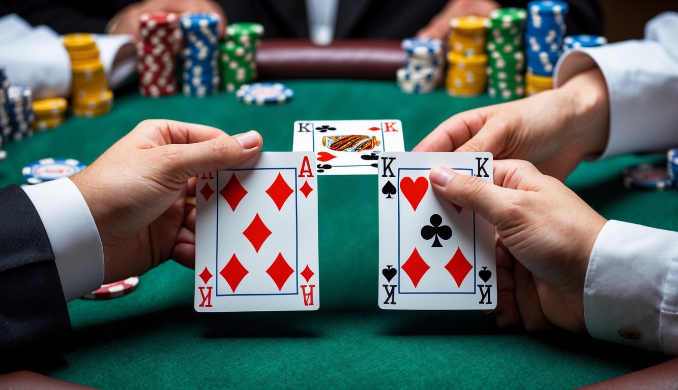 Dua tangan kartu poker di atas meja hijau, satu menunjukkan flush dan satu menunjukkan full house.