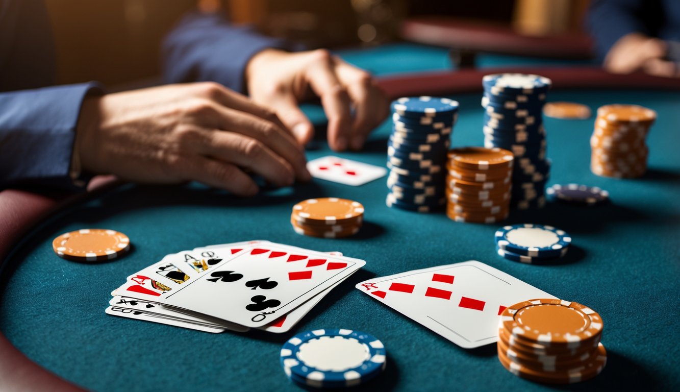 Meja poker dengan kartu dan tumpukan chip yang menunjukkan permainan poker format Short Deck.