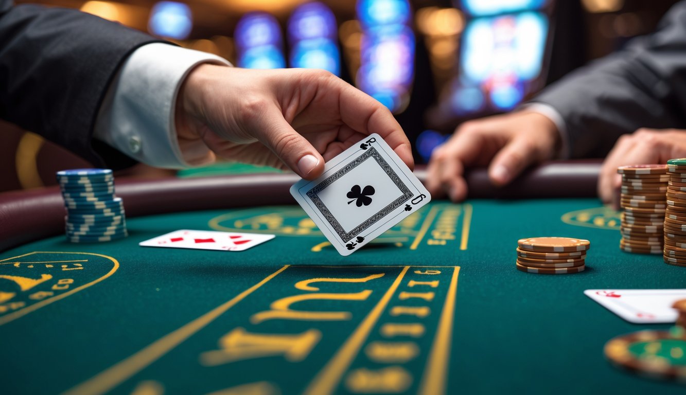 Tangan pemain meletakkan kartu tertutup di meja blackjack dengan tumpukan chip dan tangan dealer terlihat sebagian.