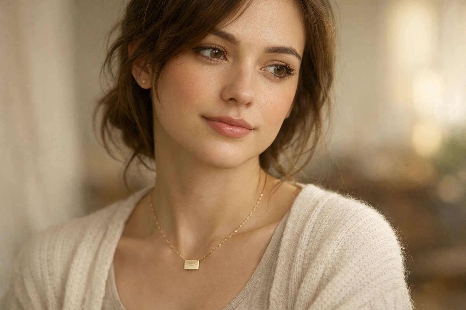 A young woman wearing a delicate necklace with a small pendant, looking thoughtful and calm.