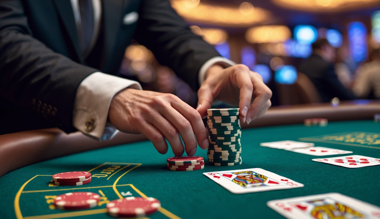 Tangan dealer di meja blackjack yang sedang mendorong tumpukan chip, dengan kartu blackjack terlihat di meja.