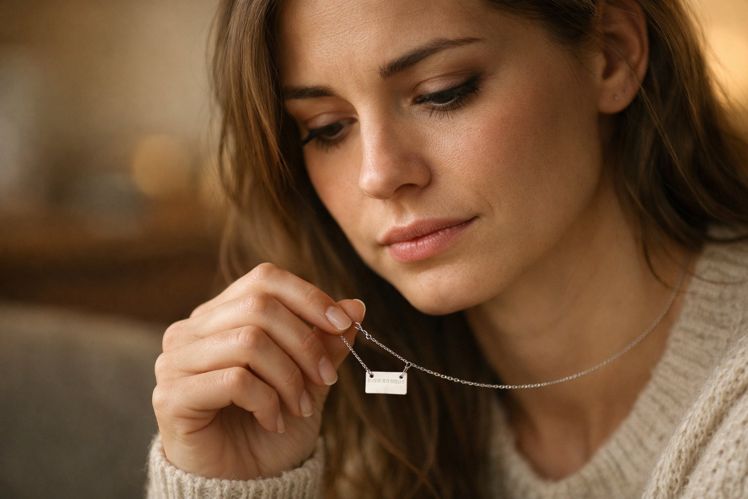 A young woman sitting alone, holding a necklace with a small pendant, looking thoughtful and slightly tired.