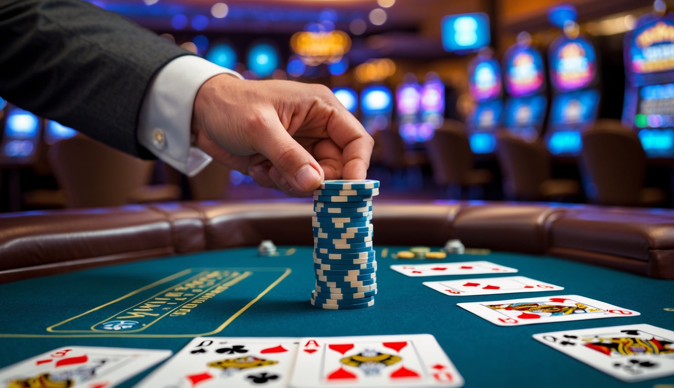 Tangan pemain mendorong tumpukan chip di meja blackjack dengan kartu terlihat, menggambarkan tindakan menyerah dalam permainan blackjack.