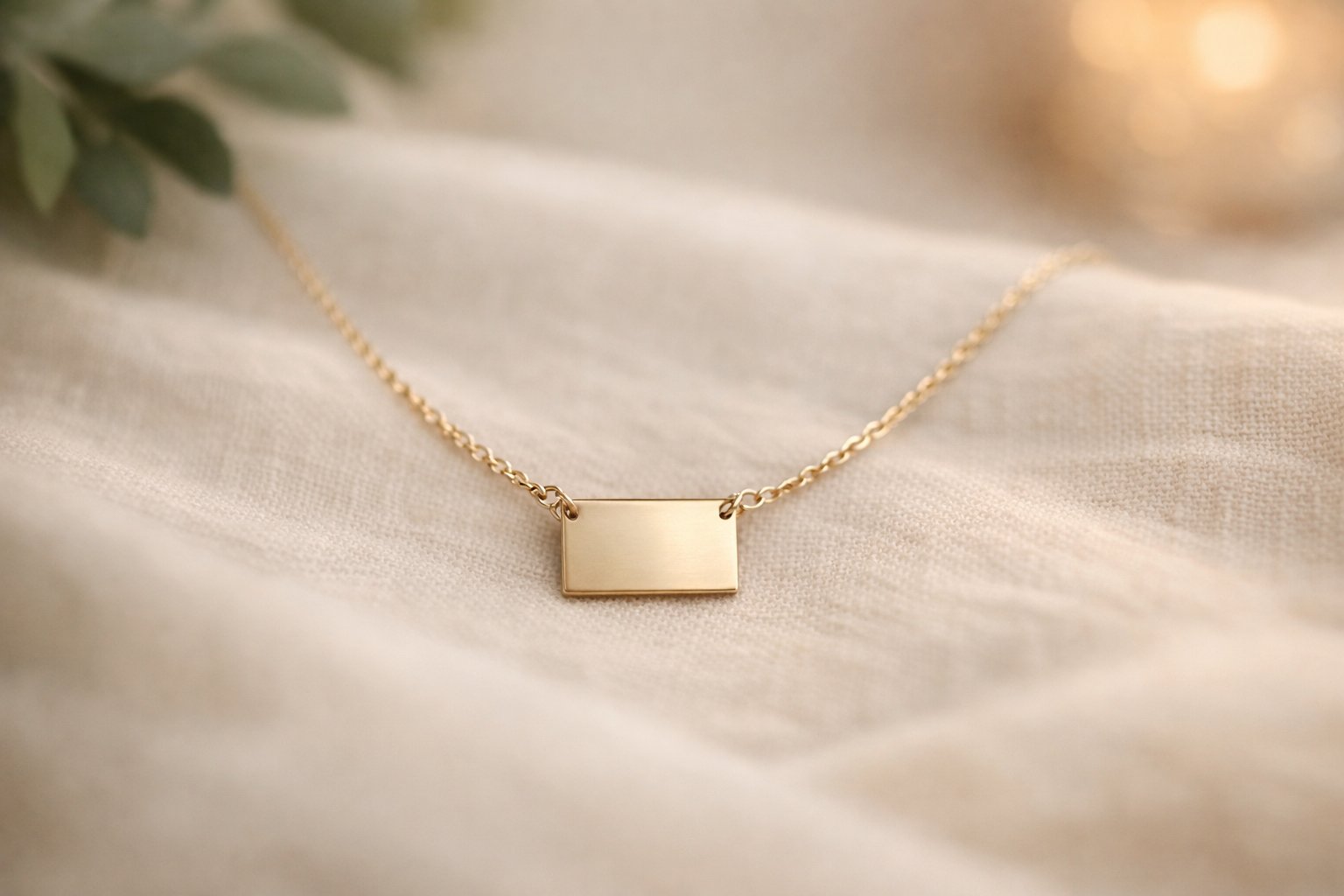 Close-up of a delicate necklace with a small pendant resting on soft fabric, surrounded by gentle natural light and blurred greenery.