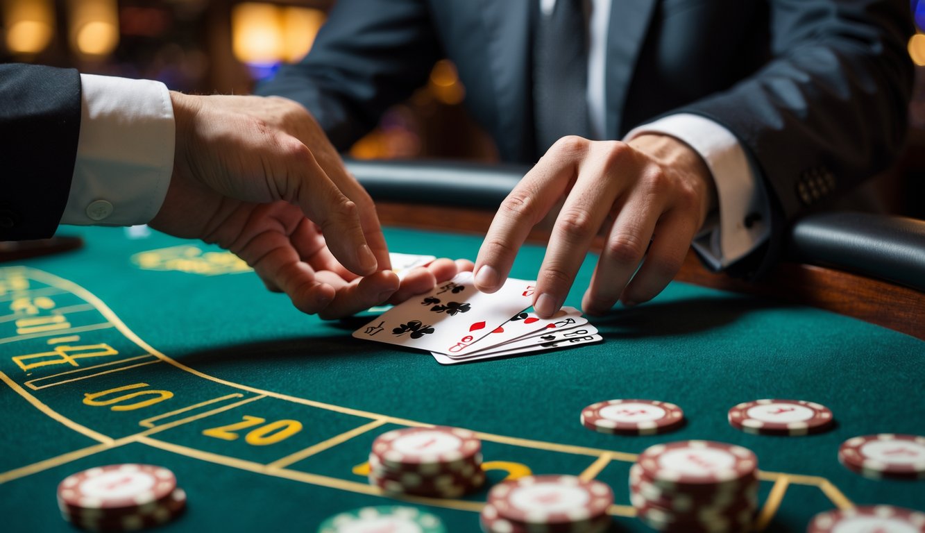 Meja blackjack di kasino dengan tangan pemain memegang kartu dan tangan dealer meraih kartu pemain, menunjukkan momen early surrender.