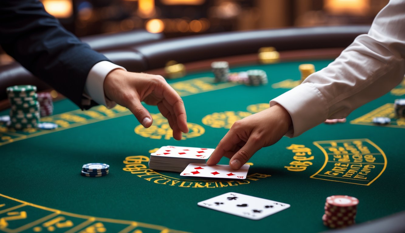 Meja blackjack dengan kartu dan chip, tangan dealer sedang melakukan langkah surrender terlambat.