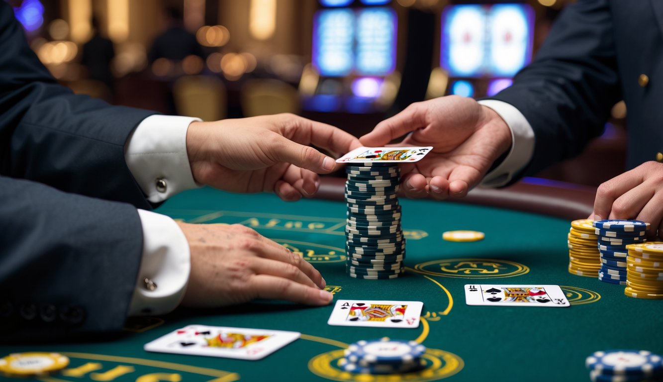 Meja blackjack di kasino dengan tangan dealer mengembalikan chip kepada pemain yang sedang memegang kartu.