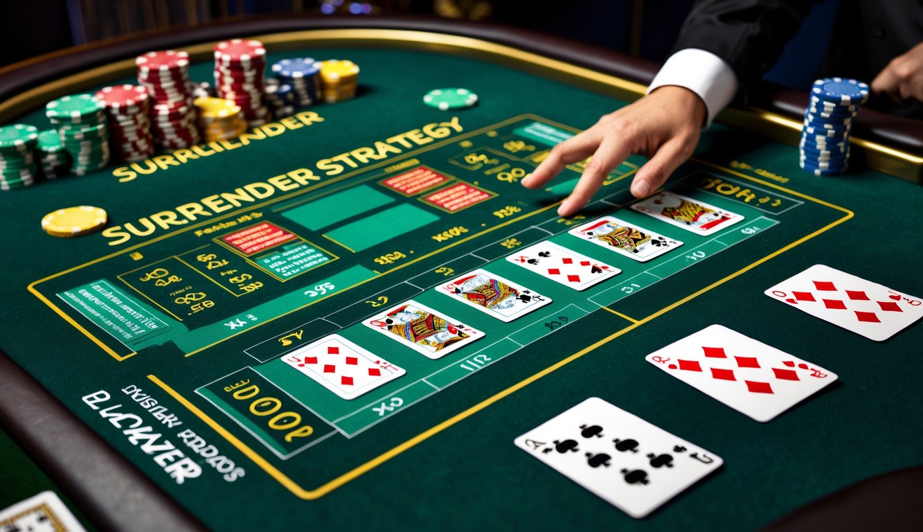 Meja blackjack dengan tata letak strategi surrender yang jelas dan kartu bermain di kasino.
