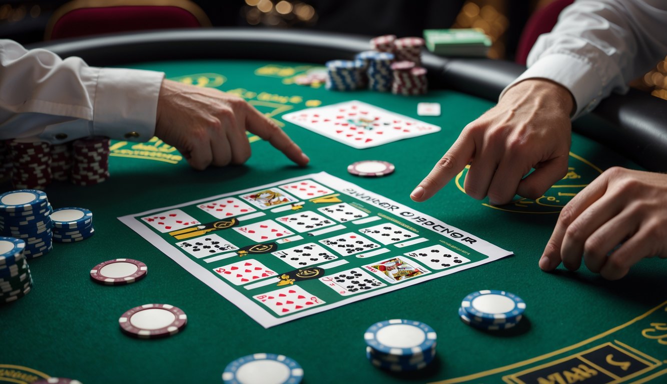Meja blackjack dengan kartu, chip, dan diagram strategi surrender yang sedang diperhatikan oleh seseorang.