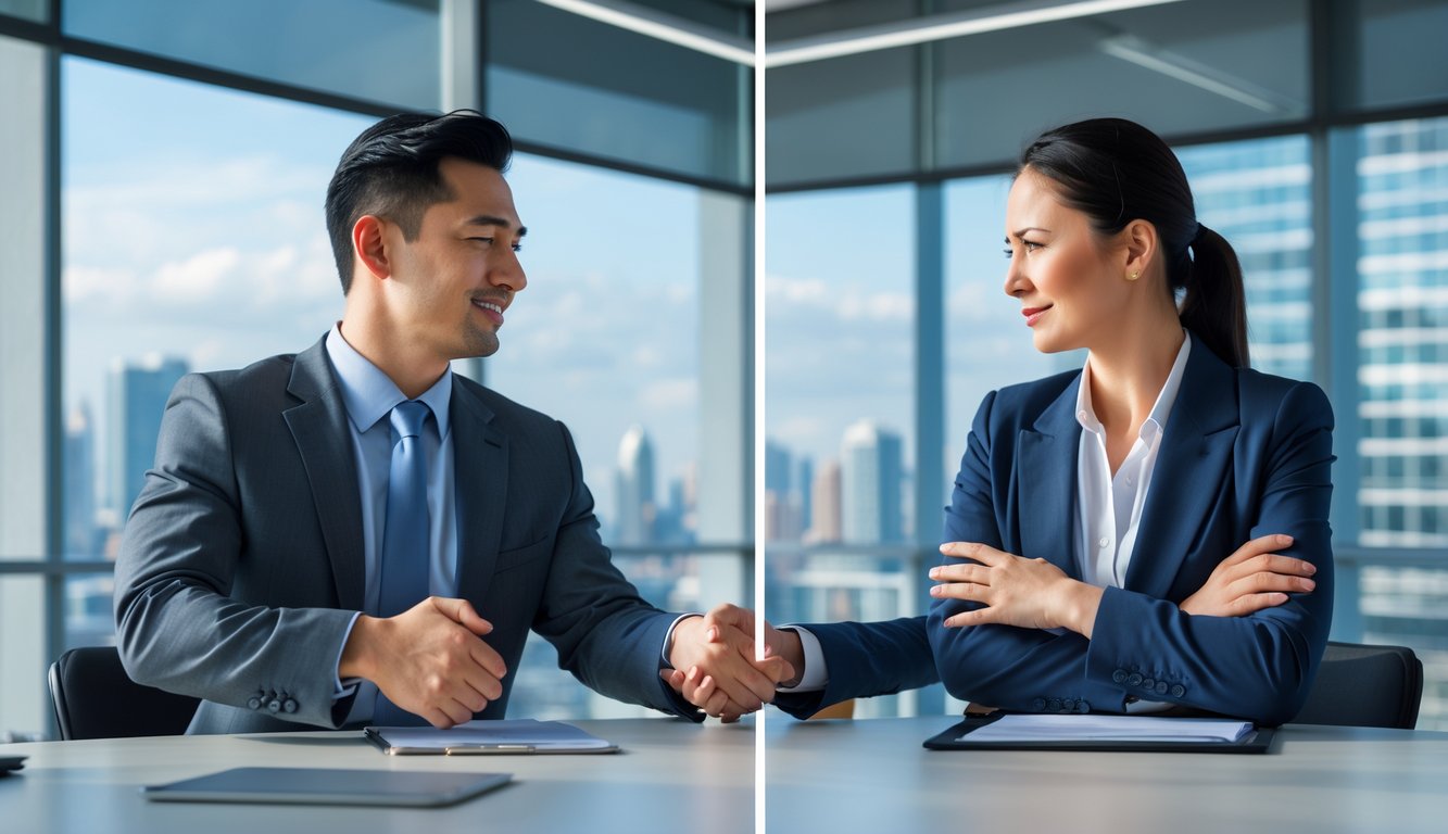 Dua orang bisnis di kantor modern, satu berjabat tangan dengan percaya diri dan satu lagi terlihat ragu dan menahan diri.