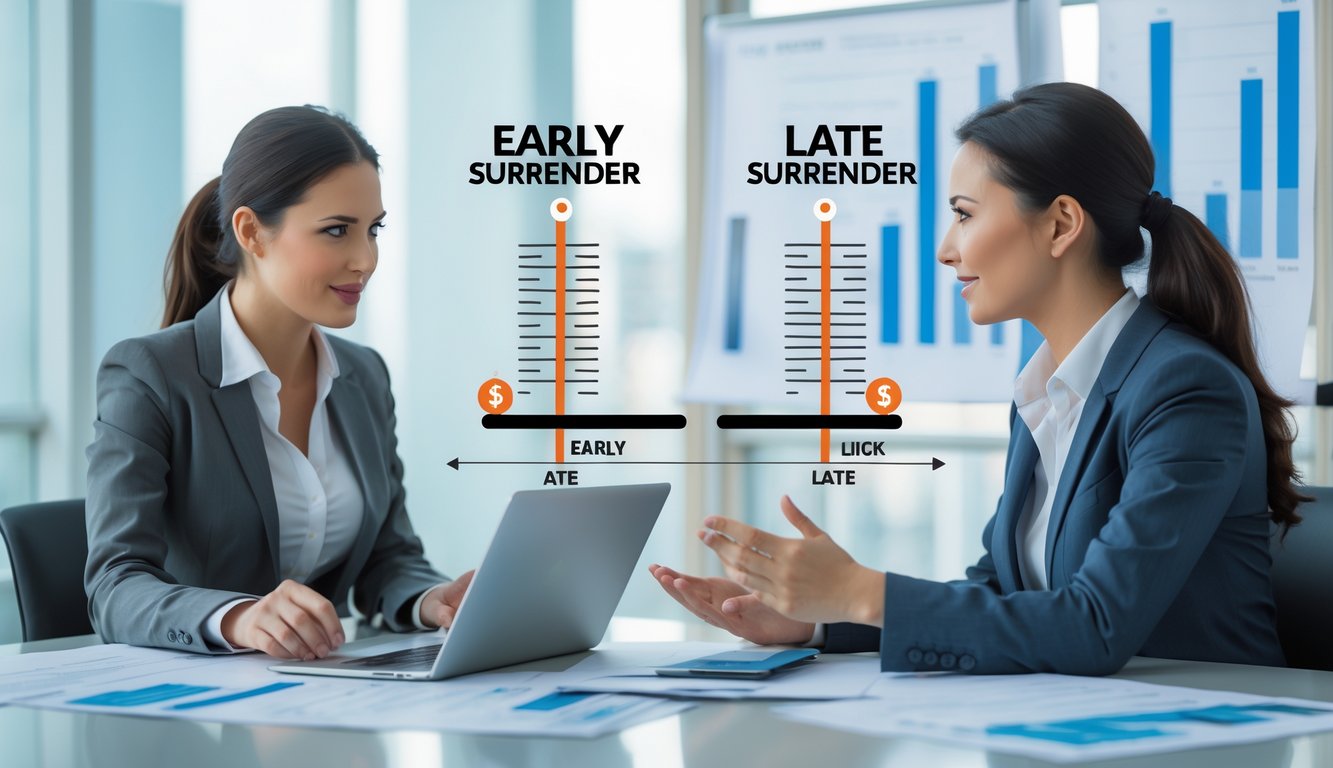 Dua profesional bisnis sedang berdiskusi di kantor dengan dokumen dan laptop di meja, menunjukkan konsep perbedaan waktu dalam keputusan keuangan.