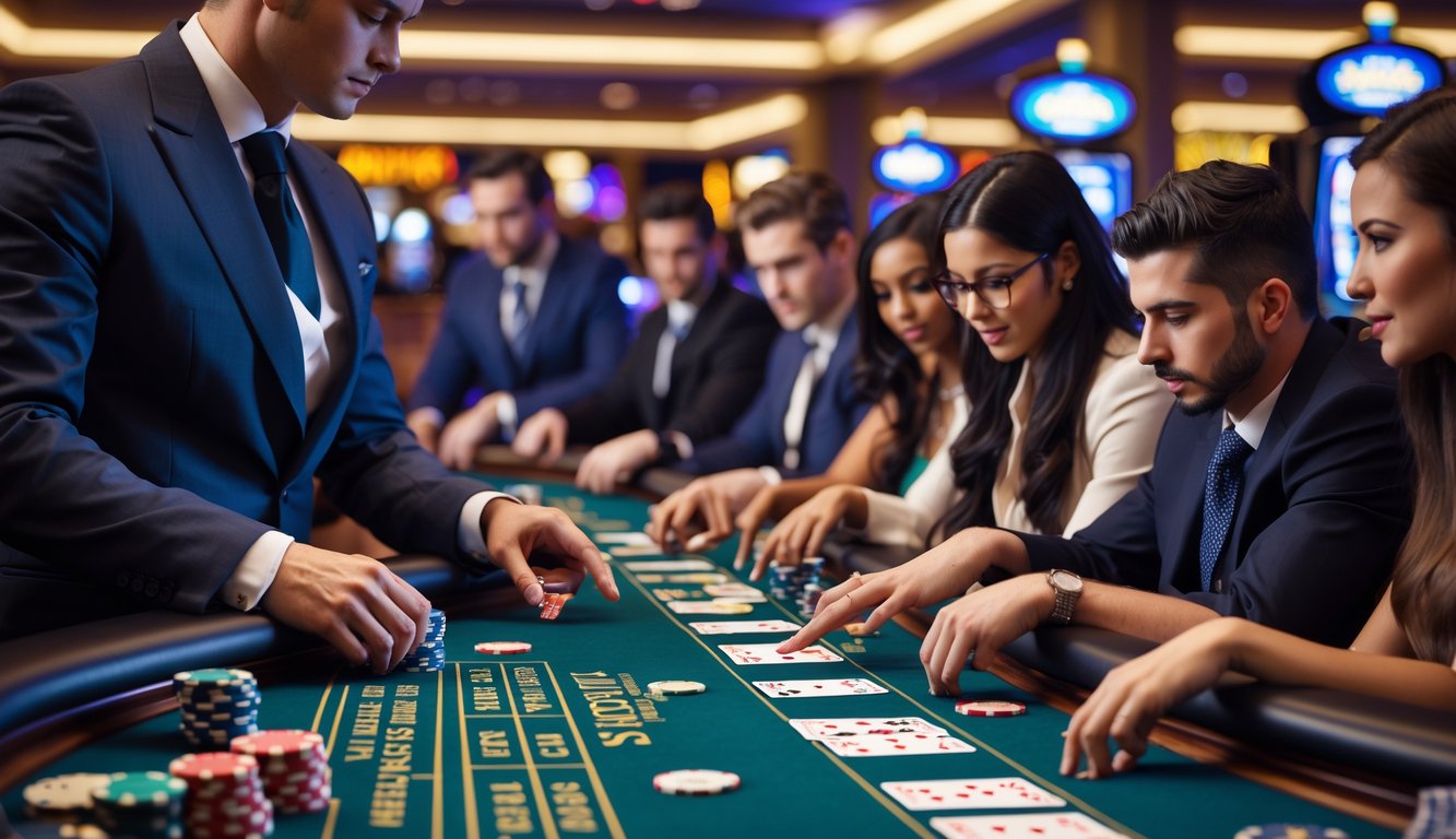 Meja blackjack dengan dealer dan pemain yang sedang bermain, fokus pada kartu dan chip di meja.