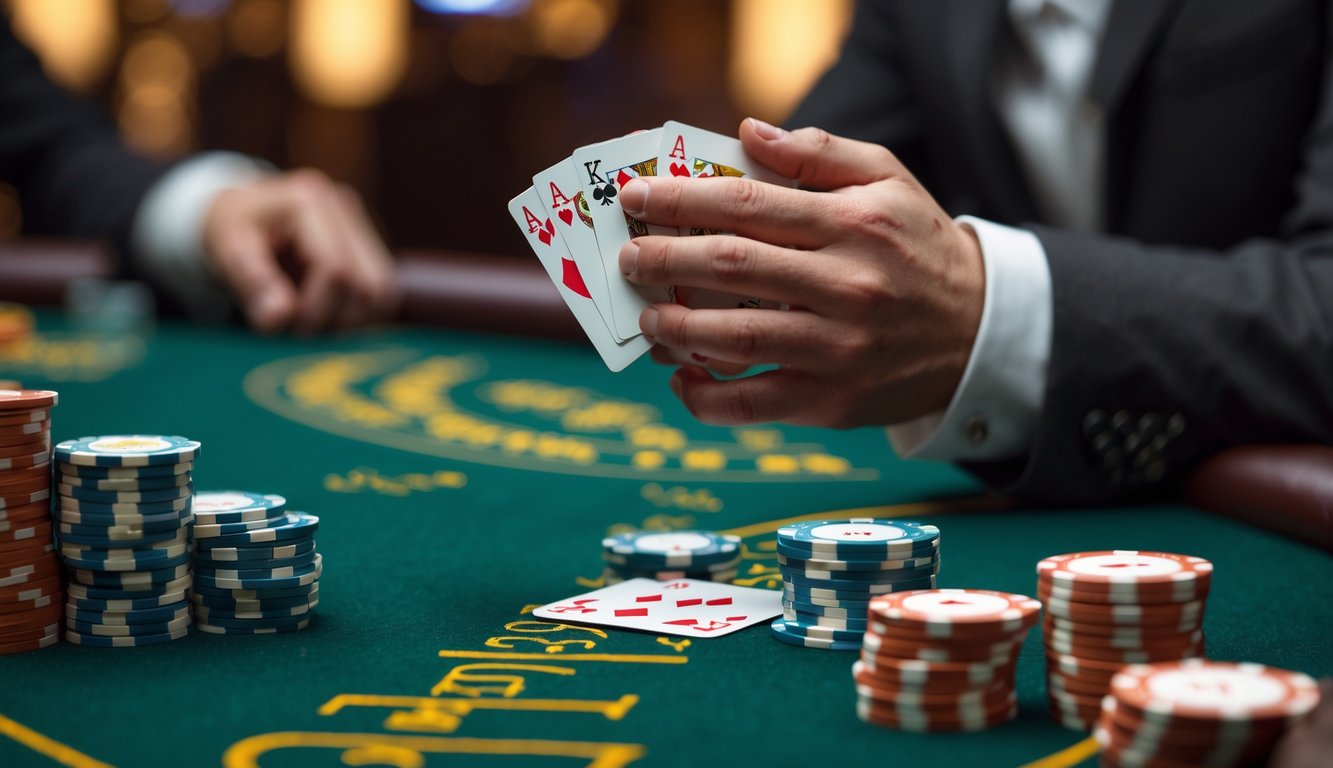 Pemandangan meja blackjack dengan tangan pemain memegang kartu dan tumpukan chip, suasana kasino yang tenang dan fokus pada strategi permainan.