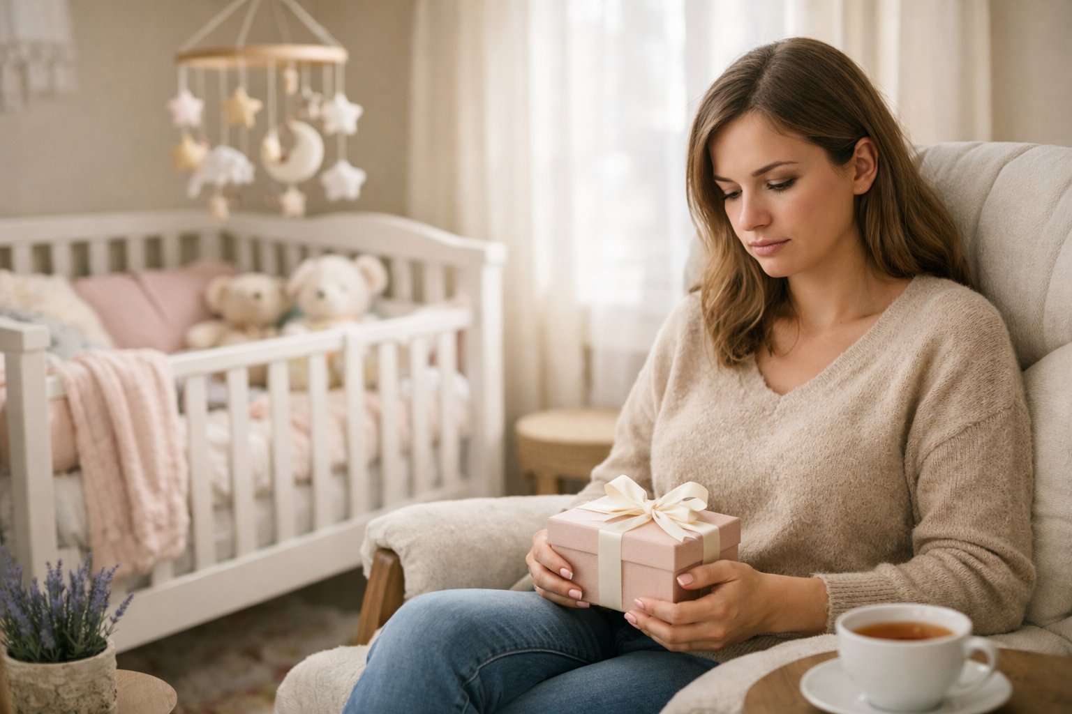 A young woman sits in a nursery holding a small gift, looking thoughtful and overwhelmed.
