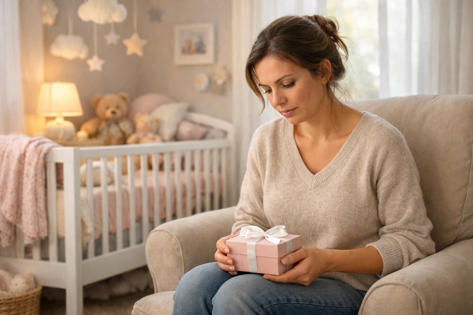 A young mother sitting thoughtfully in a softly lit nursery holding a small gift box, surrounded by baby furniture and toys.