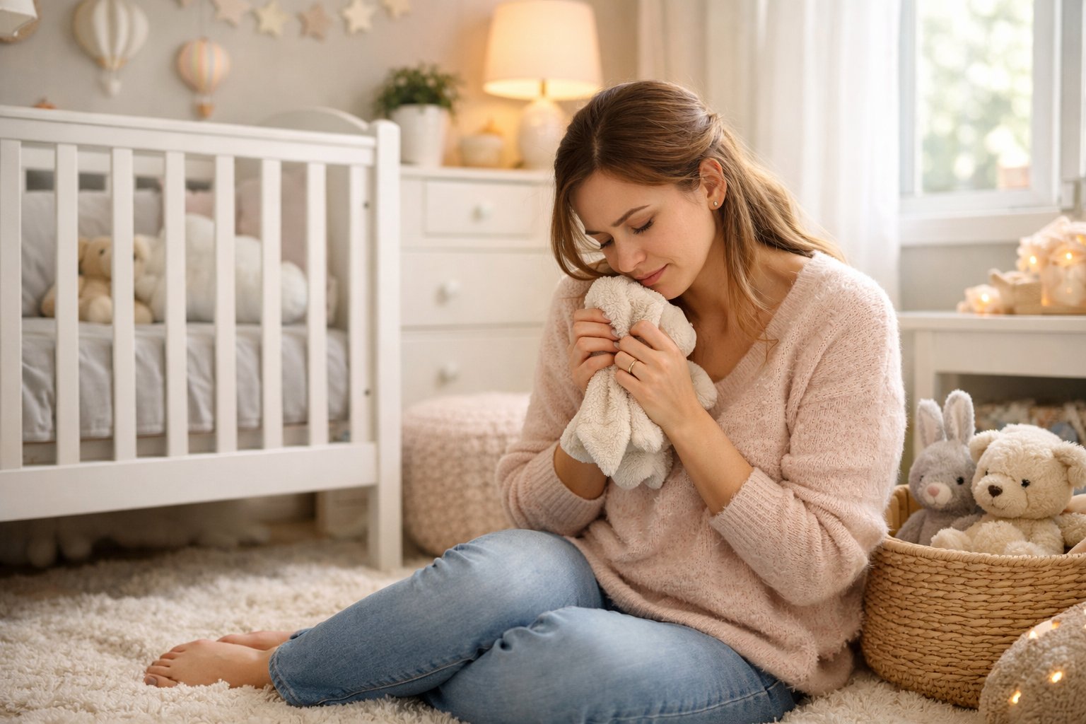 A mother sitting on the floor beside a crib in a softly lit nursery, holding a stuffed animal with a gentle, caring expression.