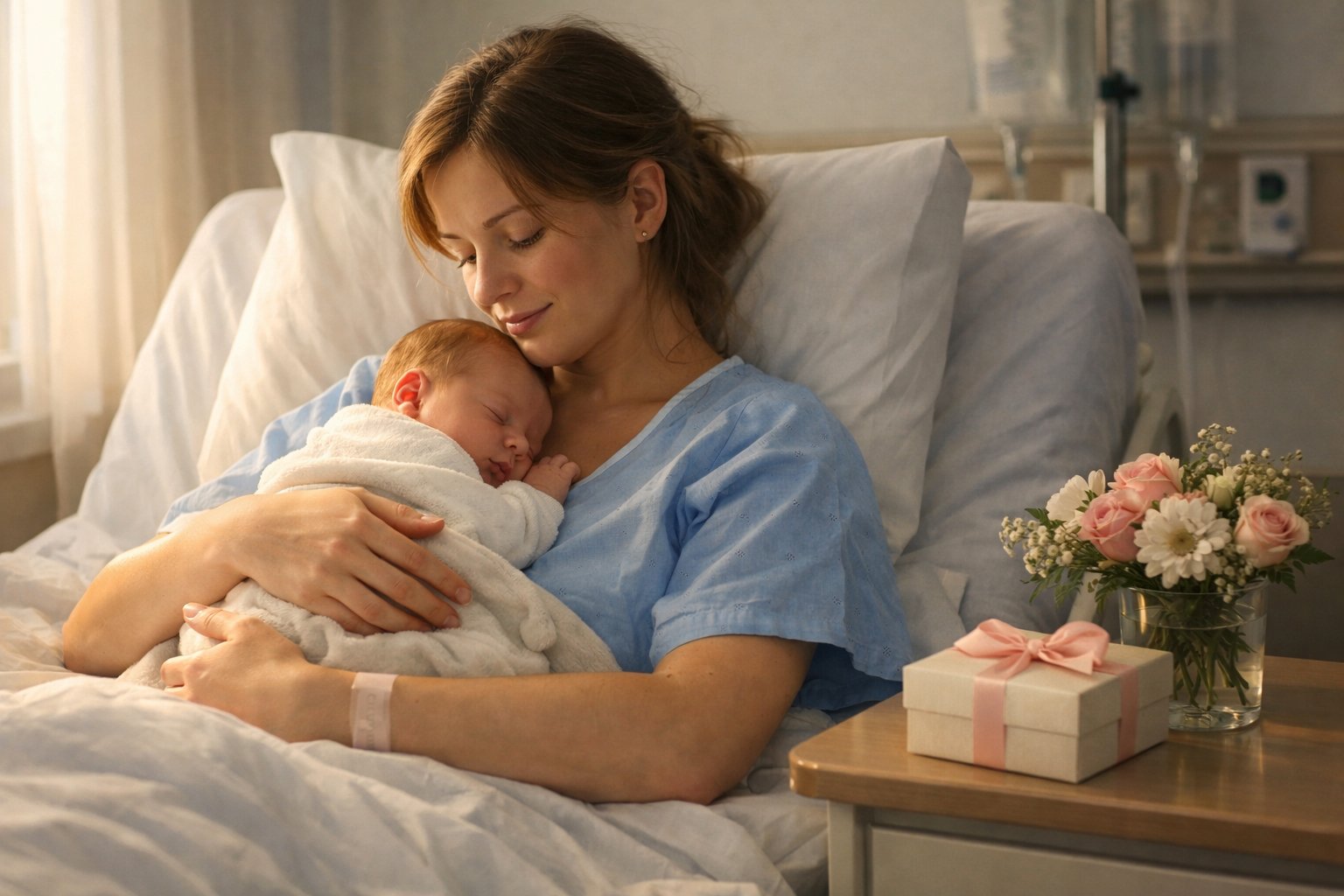 A woman holding her newborn baby in a hospital room with a small gift on a nearby table.
