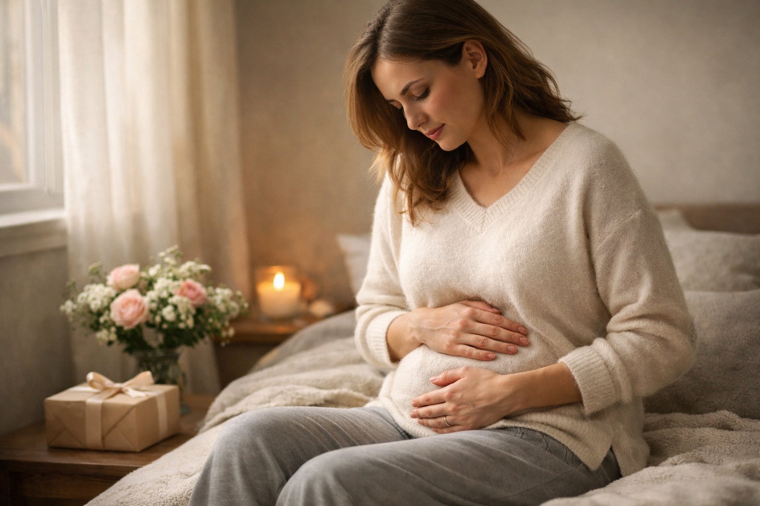 A woman sitting quietly in a softly lit room, gently holding her abdomen with a thoughtful expression, next to a small bouquet of flowers.