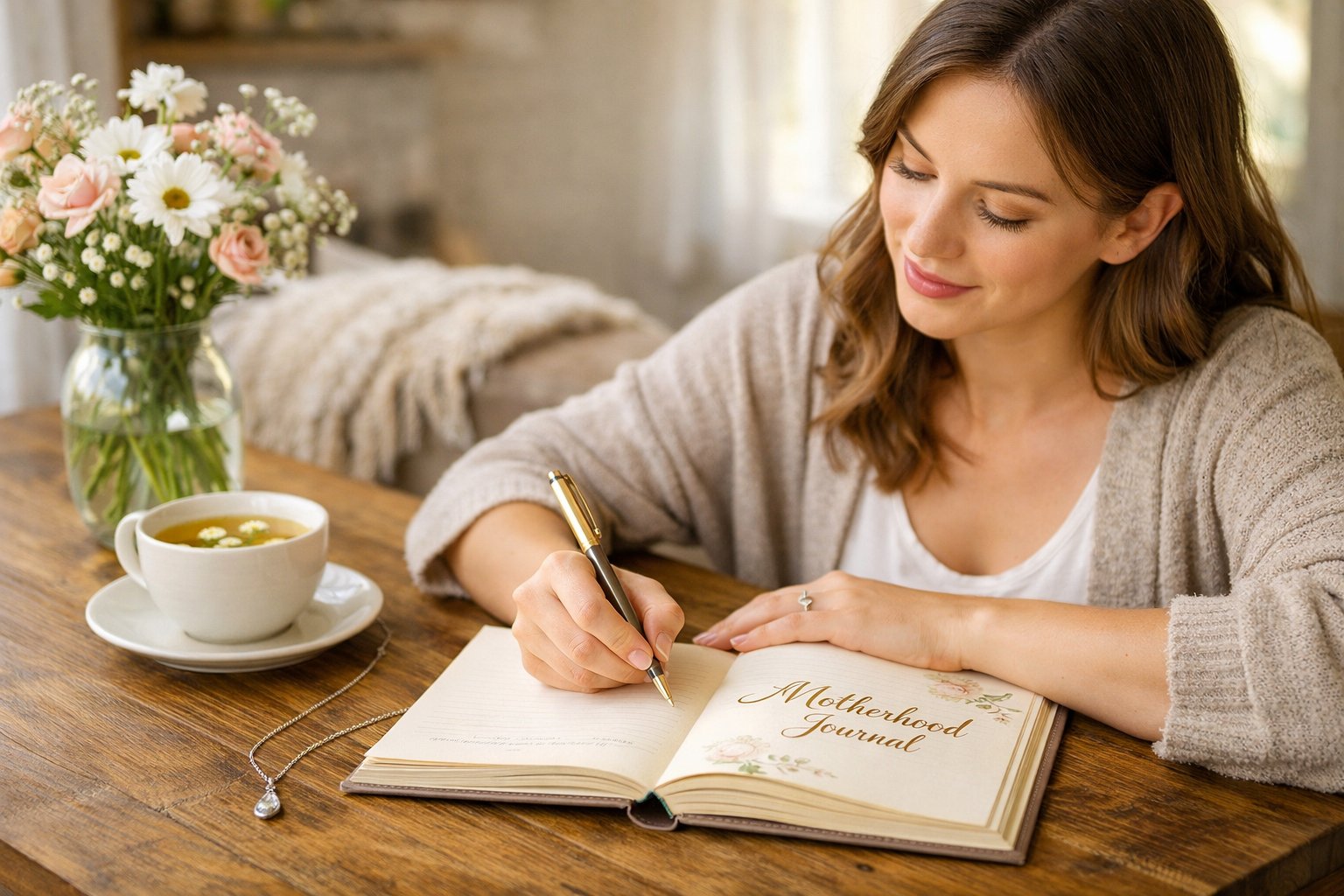 A young mother writing in a motherhood journal at a wooden table with a keepsake necklace beside her, surrounded by cozy home elements.