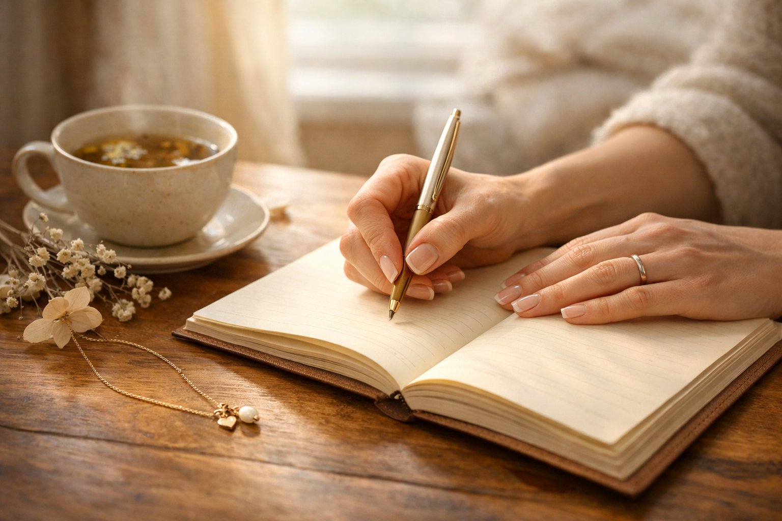 A woman writing in a motherhood journal with a keepsake necklace resting beside it on a wooden table.