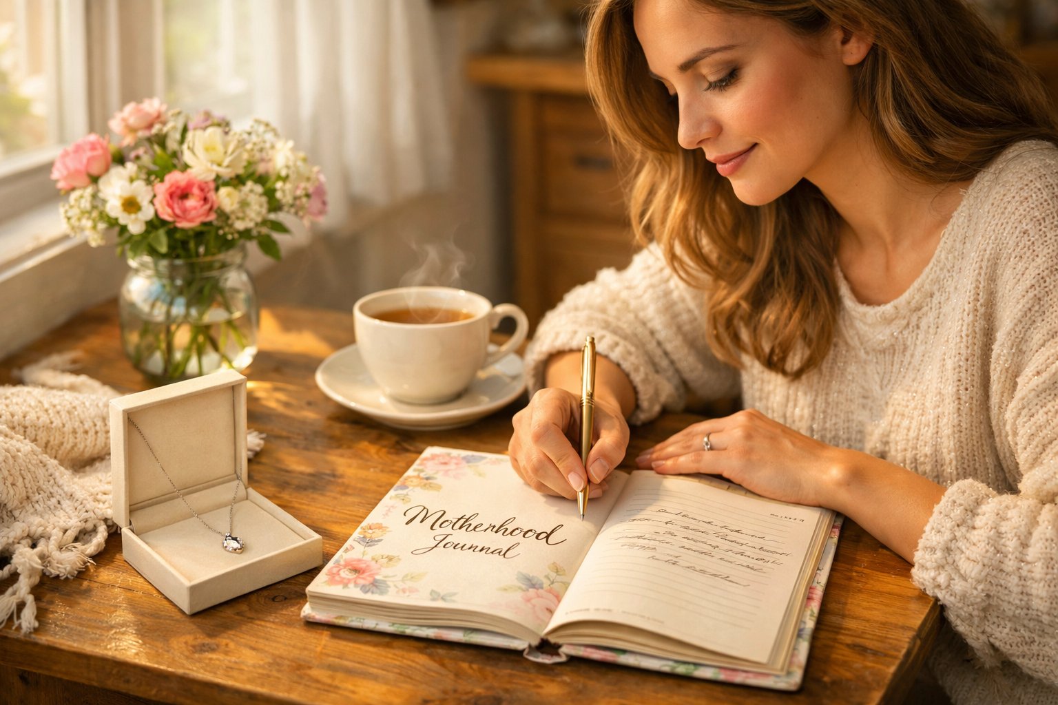 A mother writing in a journal at a sunlit table with a keepsake necklace beside her.