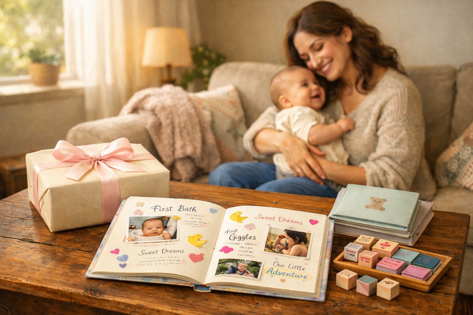 A mother holding her baby near a coffee table with an open baby memory book, gift box, photo album, and art supplies.