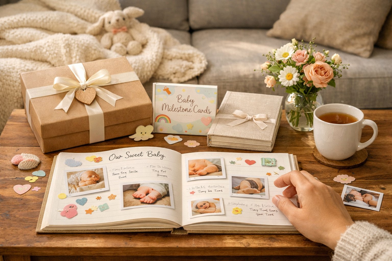 A cozy living room scene with an open unfinished baby book, a gift box with baby milestone cards and a photo album on a wooden table, a hand reaching toward the book, and comforting home elements around.