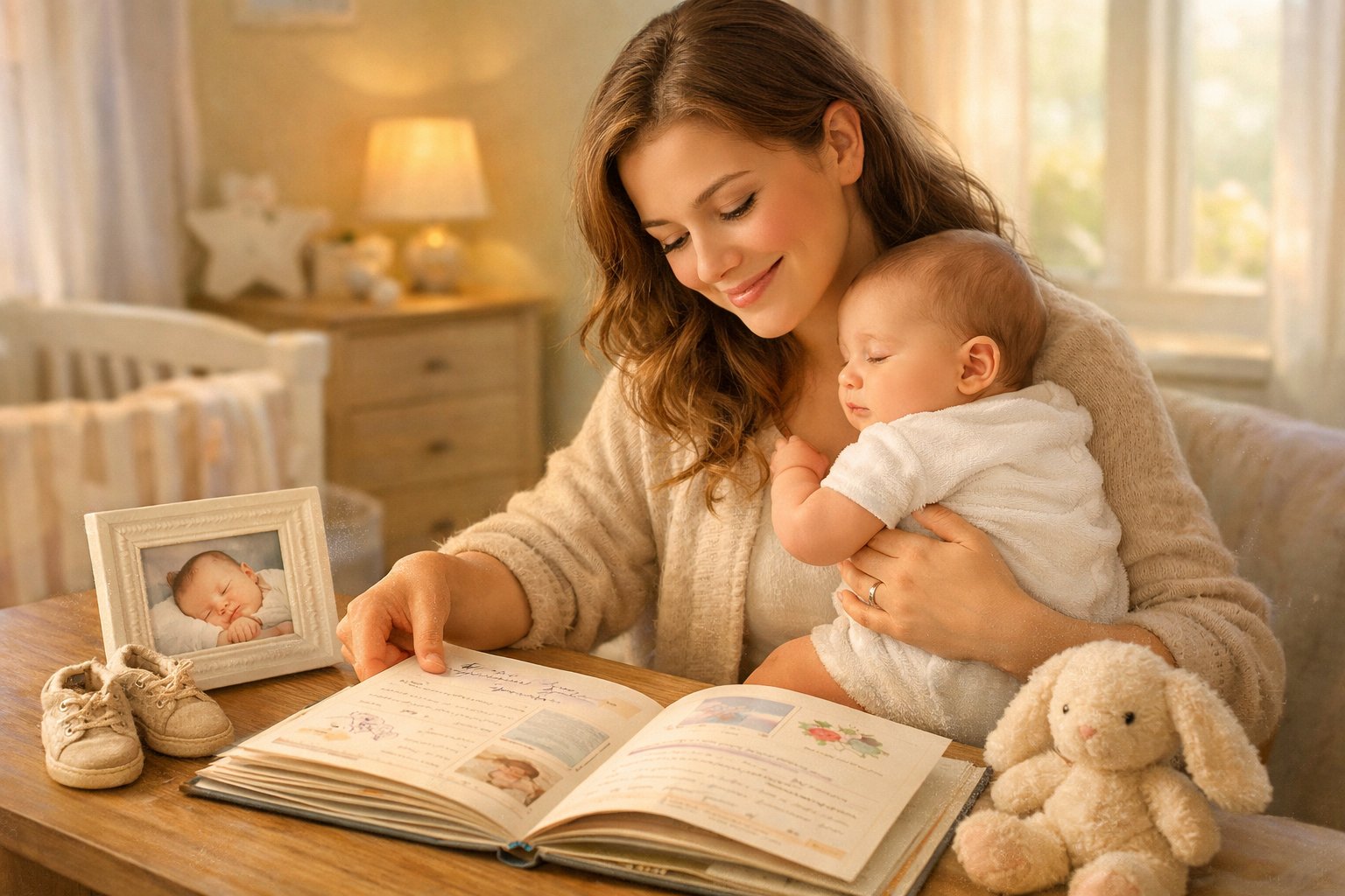 A mother holding her baby in a cozy nursery, looking at a partially filled baby memory book surrounded by baby keepsakes.
