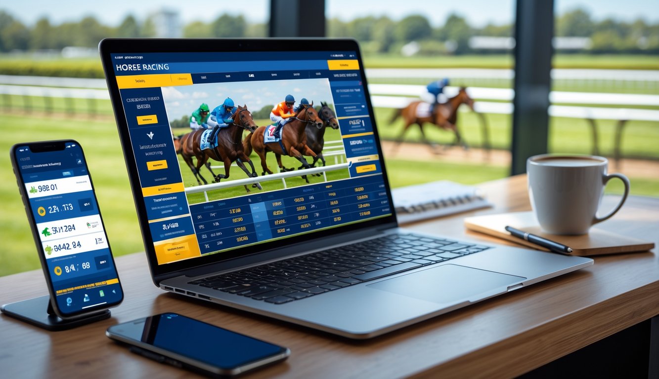 Seorang pria menggunakan laptop di meja kerja dengan tampilan situs taruhan pacuan kuda online, di latar belakang terlihat pacuan kuda di luar jendela.
