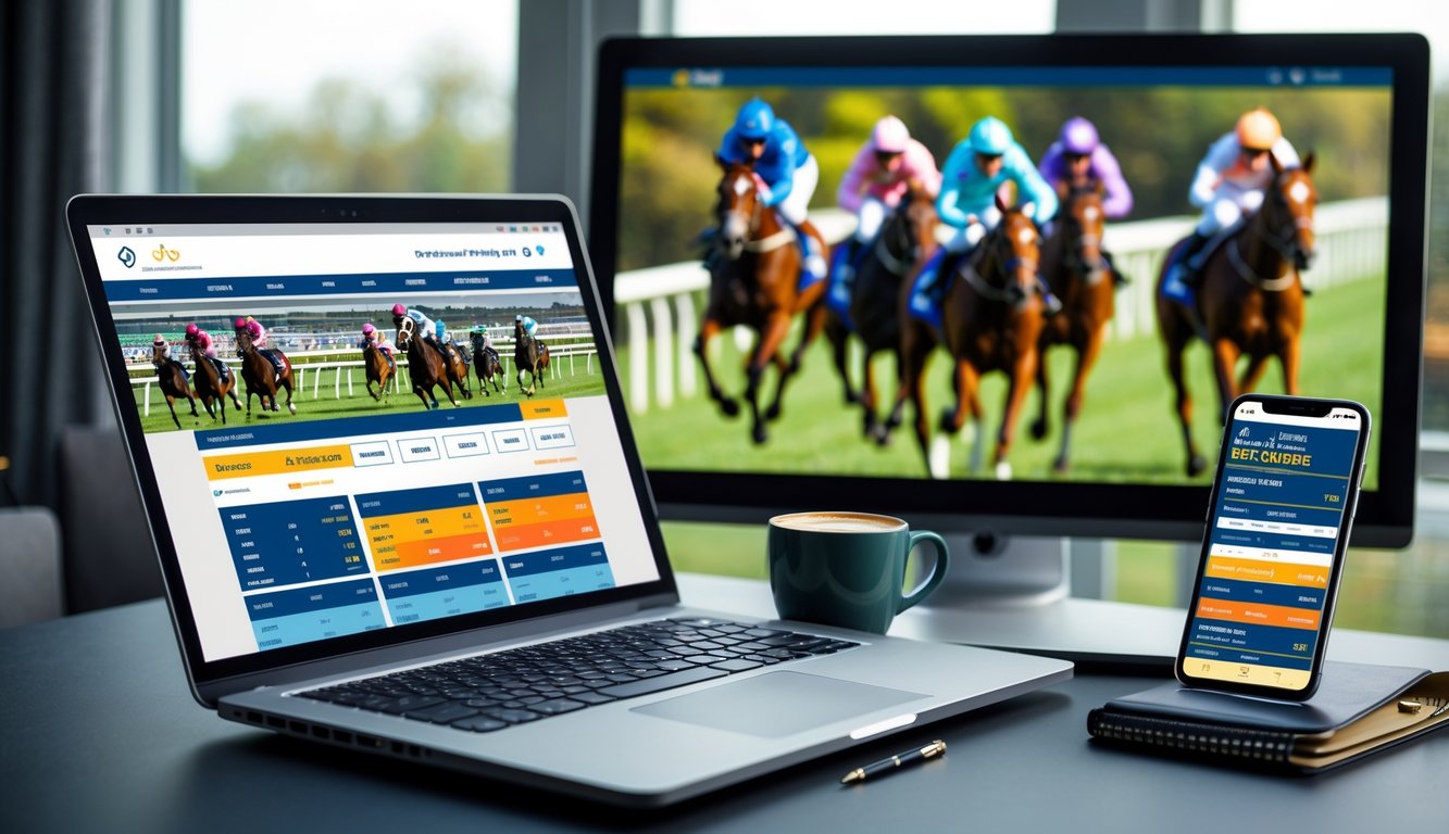 Seorang pria menggunakan laptop dan ponsel untuk memasang taruhan pacuan kuda online dengan layar menampilkan balapan kuda di latar belakang.