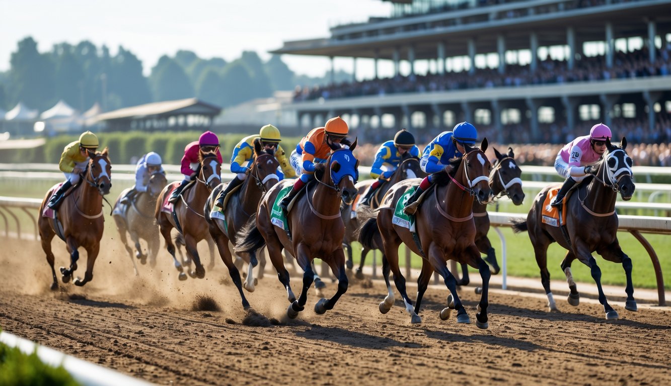 Lomba pacuan kuda dengan beberapa kuda dan joki yang sedang berlari cepat di lintasan balap dengan penonton di latar belakang.
