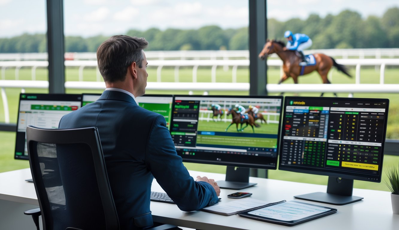 Seorang analis olahraga duduk di meja dengan beberapa layar komputer yang menampilkan statistik dan tayangan pacuan kuda, dengan latar belakang lintasan pacuan dan kuda yang sedang berlomba.
