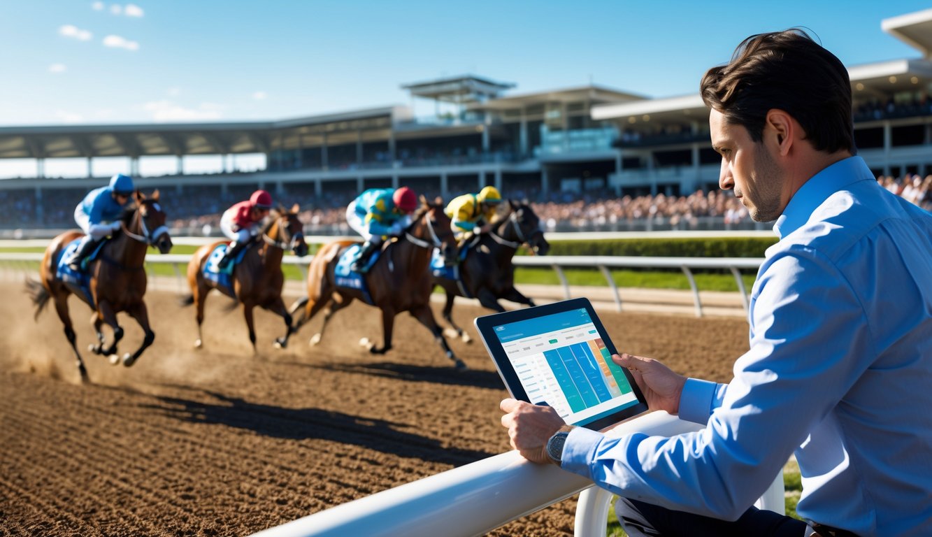 Seorang pria sedang menganalisis data pacuan kuda di depan lintasan balap dengan kuda dan joki yang sedang berlari kencang, di bawah langit cerah.