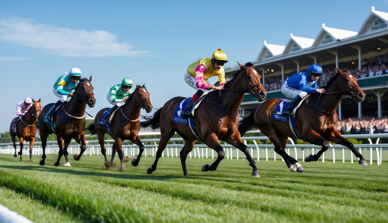 Beberapa kuda pacuan berlari cepat di lintasan balap dengan joki mengenakan pakaian warna-warni, di depan tribun penonton yang ramai.