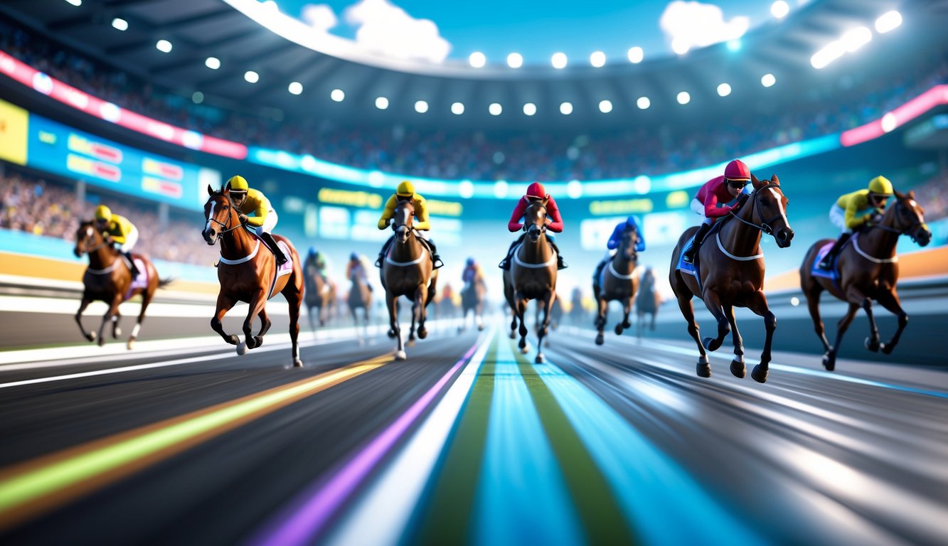 Adegan balapan kuda virtual dengan kuda digital yang sedang berlari di lintasan balap modern, dikelilingi penonton dan layar digital.