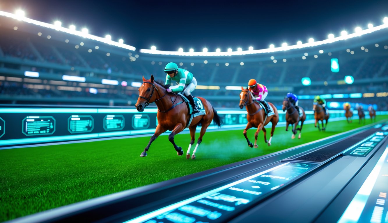 Adegan balapan kuda virtual dengan kuda digital berwarna-warni di lintasan balap modern dan penonton di latar belakang.