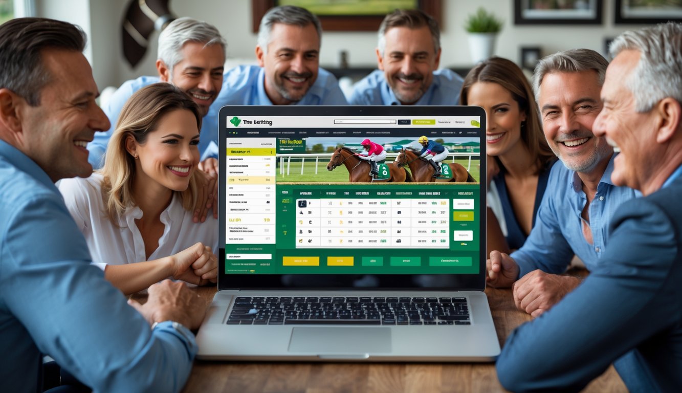 Sekelompok orang sedang menggunakan laptop untuk memasang taruhan pada balapan kuda secara online di dalam ruangan yang nyaman.