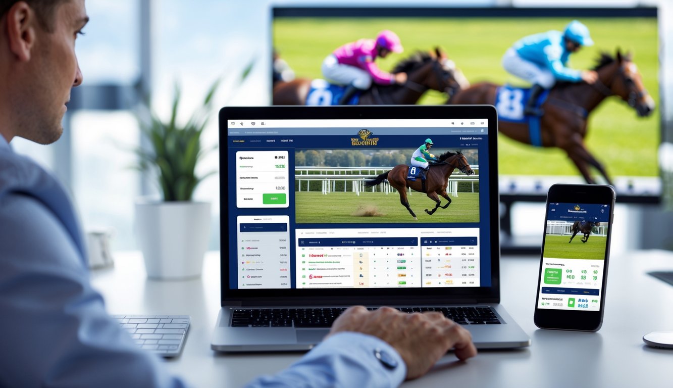 Seseorang menggunakan laptop dan perangkat digital lain untuk melihat taruhan kuda online dengan latar belakang balapan kuda yang sedang berlangsung.