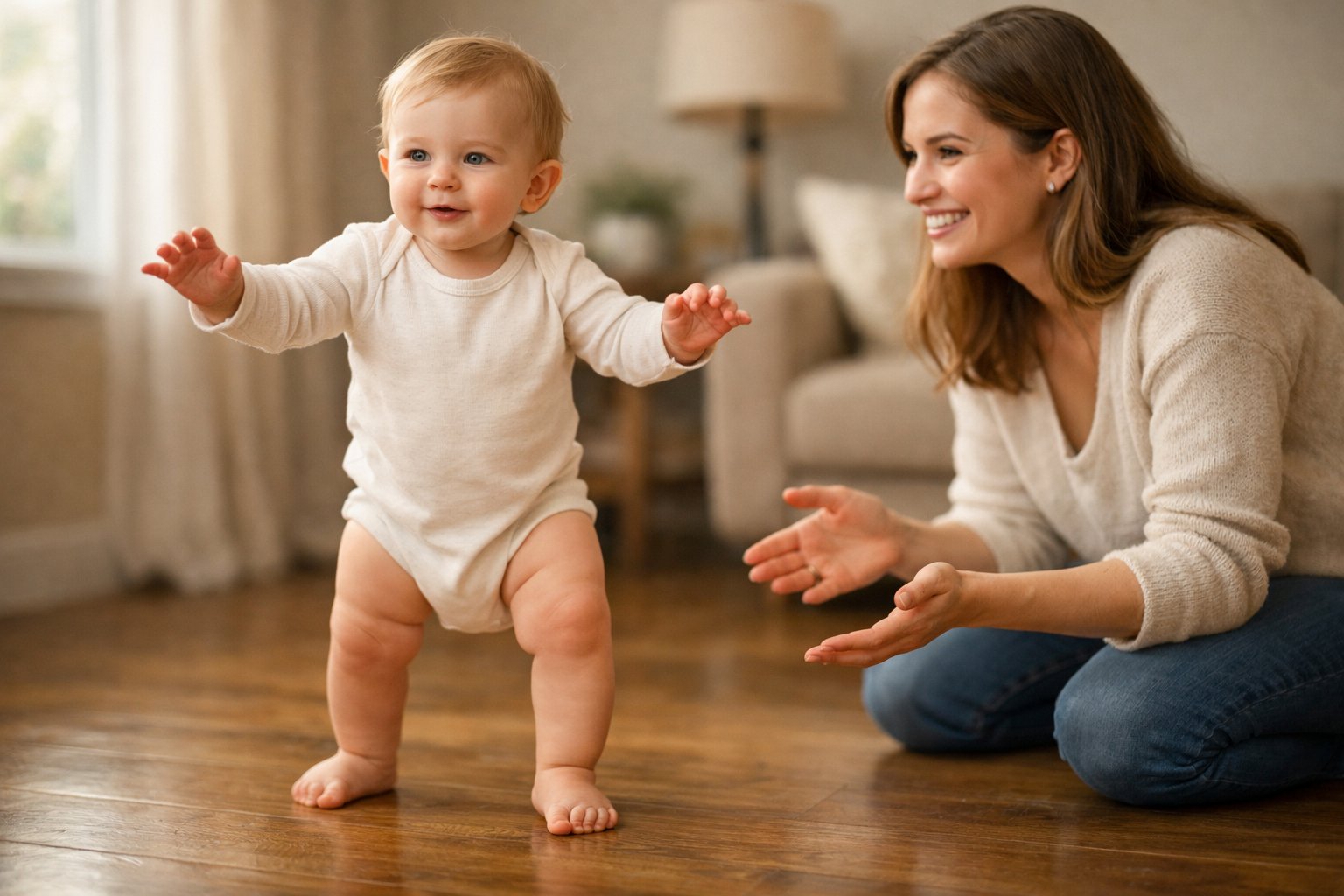 A mother watches her young child taking their first steps inside a cozy living room.