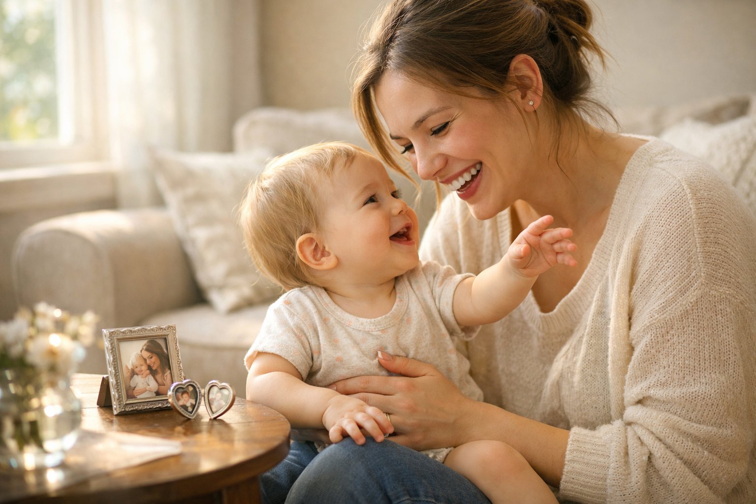 A mother joyfully holding her baby who is smiling, with a small keepsake on a nearby table in a cozy living room.