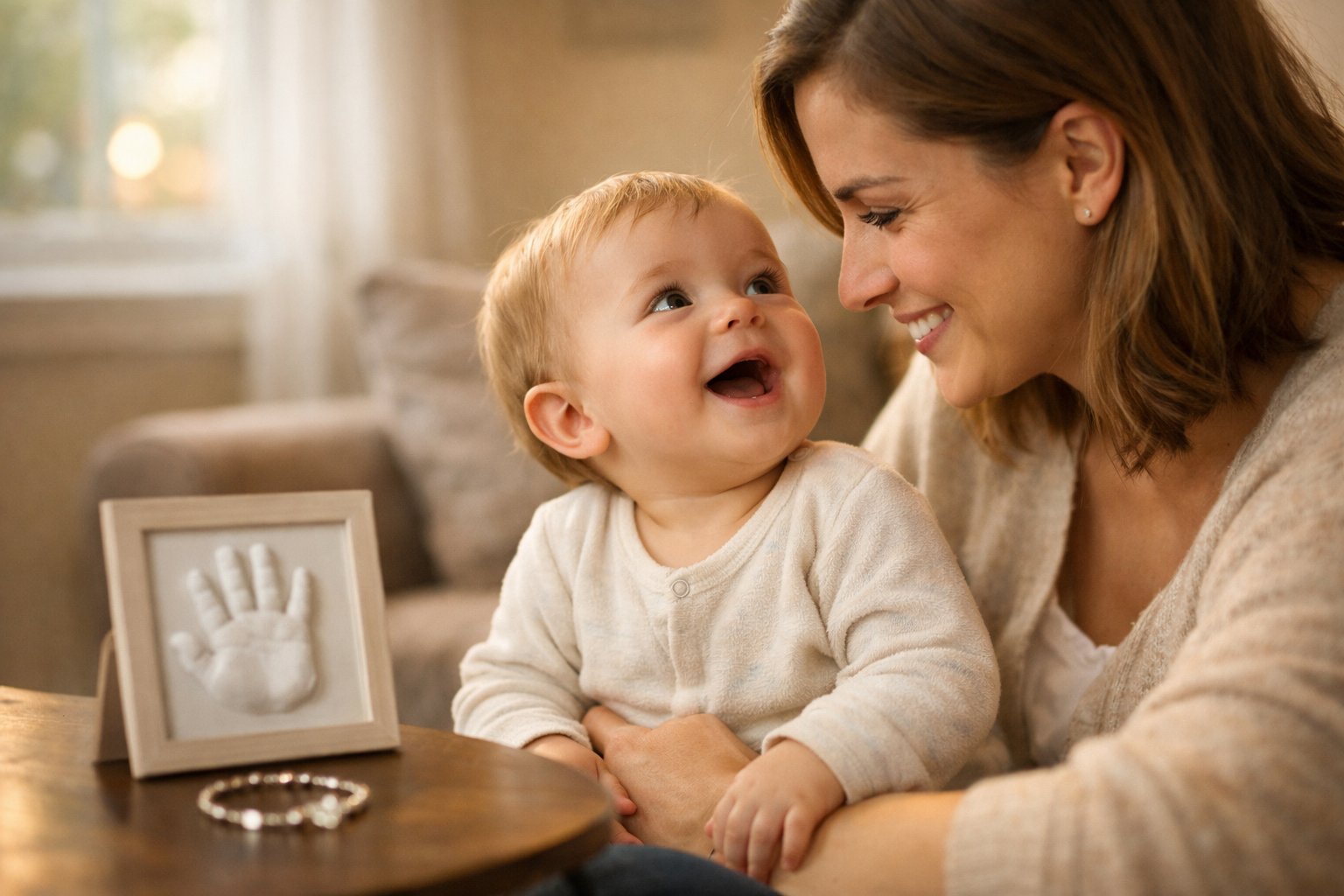 A mother lovingly holds her baby who looks joyful, with a keepsake item nearby symbolizing a special moment.