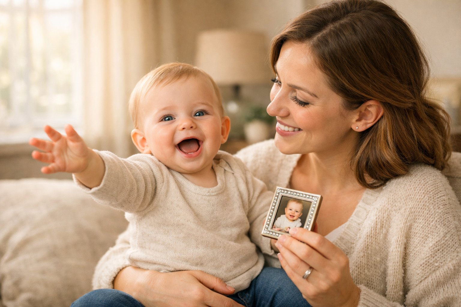 A mother lovingly holding her baby on her lap while showing a small keepsake, both smiling in a cozy, softly lit room.