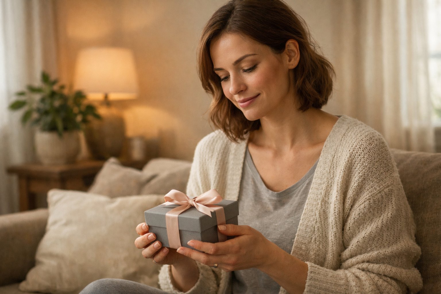 A mother sitting quietly in a softly lit living room holding a small wrapped gift, looking peaceful and thoughtful.